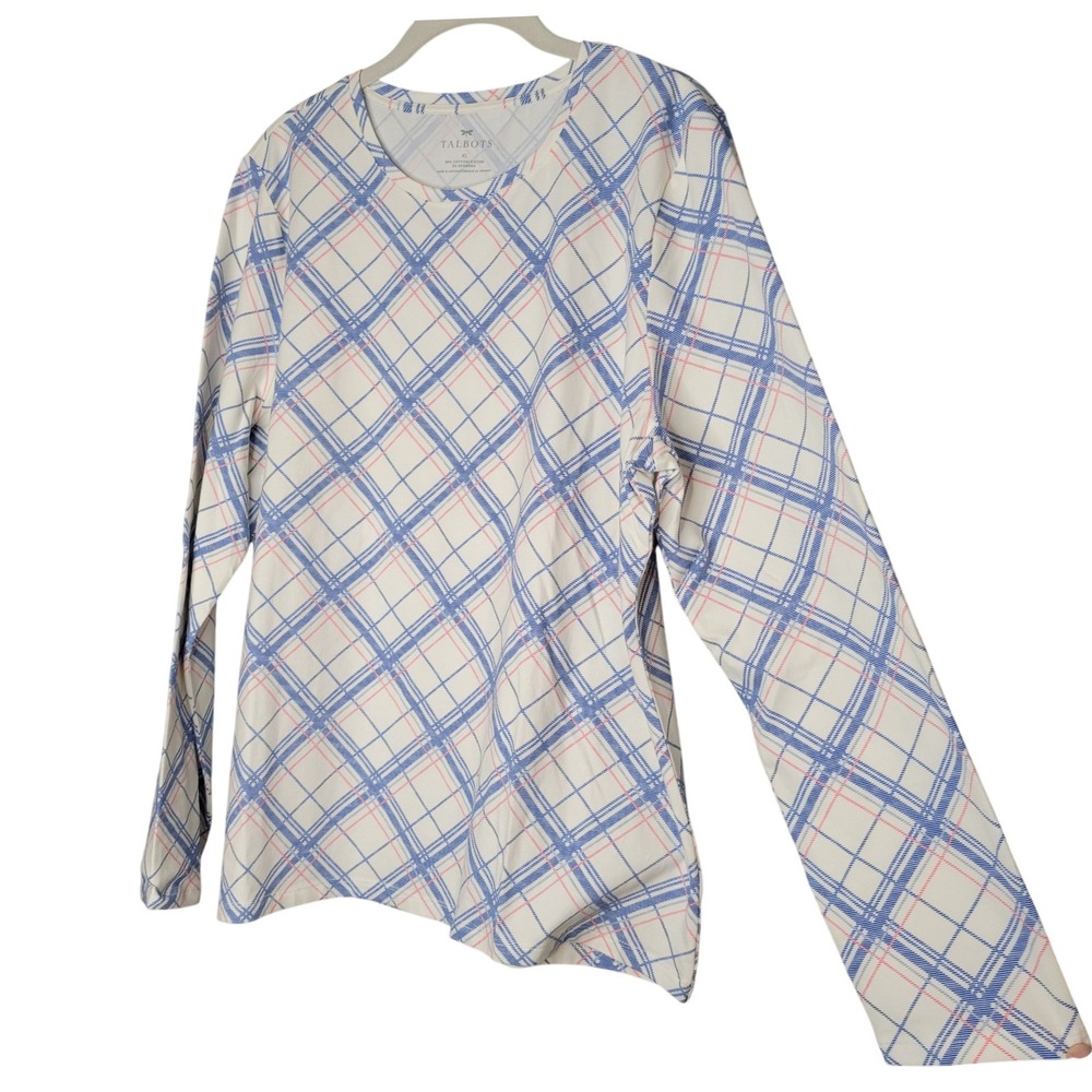 Talbots Tee Shirt Womens Size XL White Blue Plaid Stretch Cotton L/S Crew Neck T